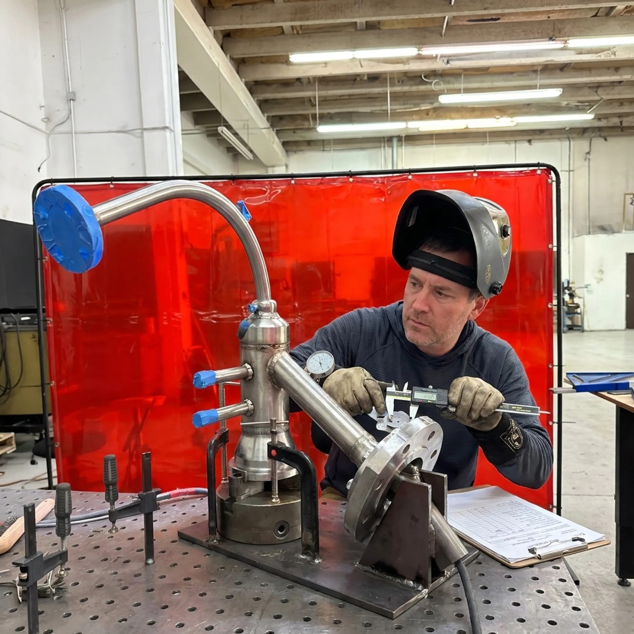 Technician inspecting a welded pipe assembly with precision tools