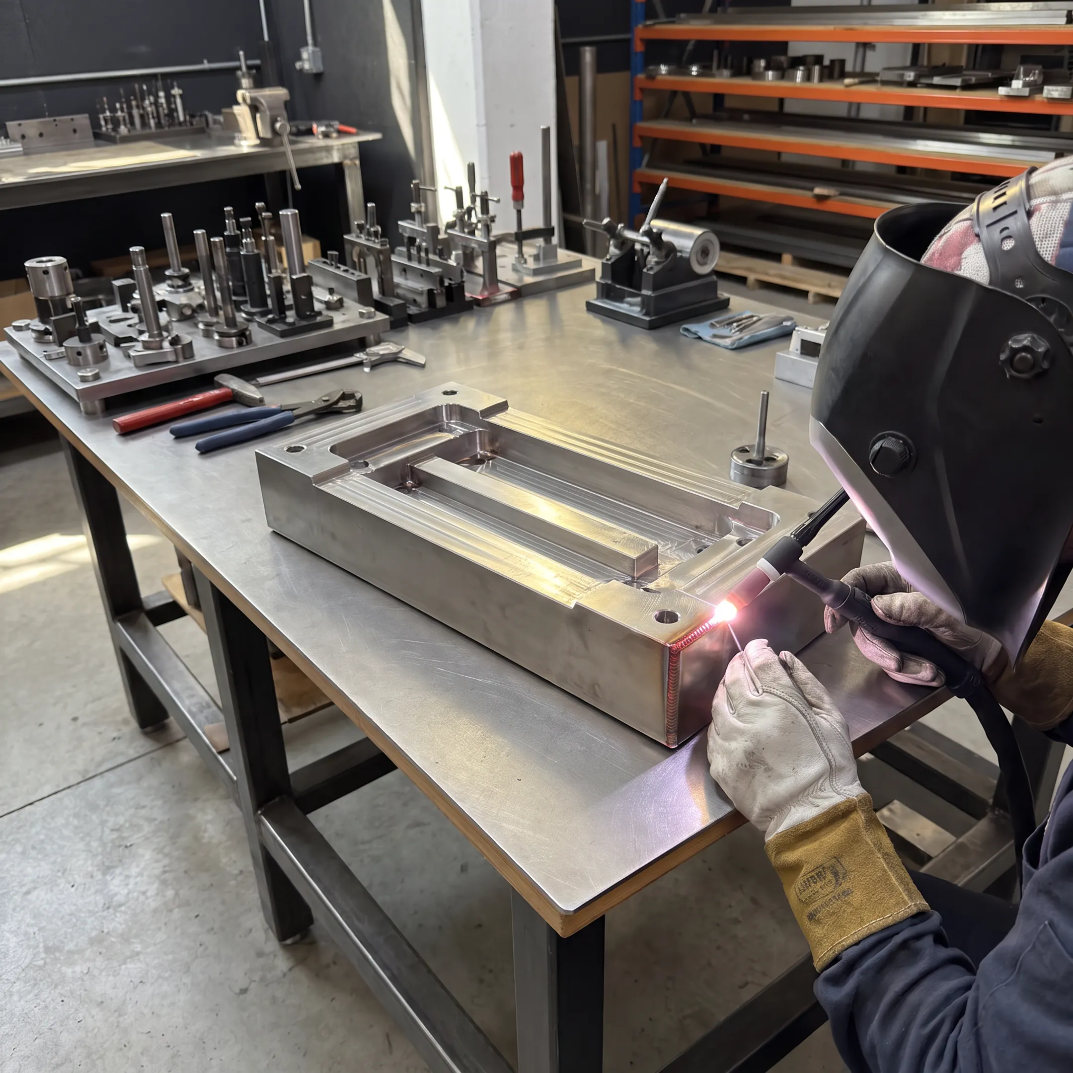 Welder fabricating a precision tool and die component
