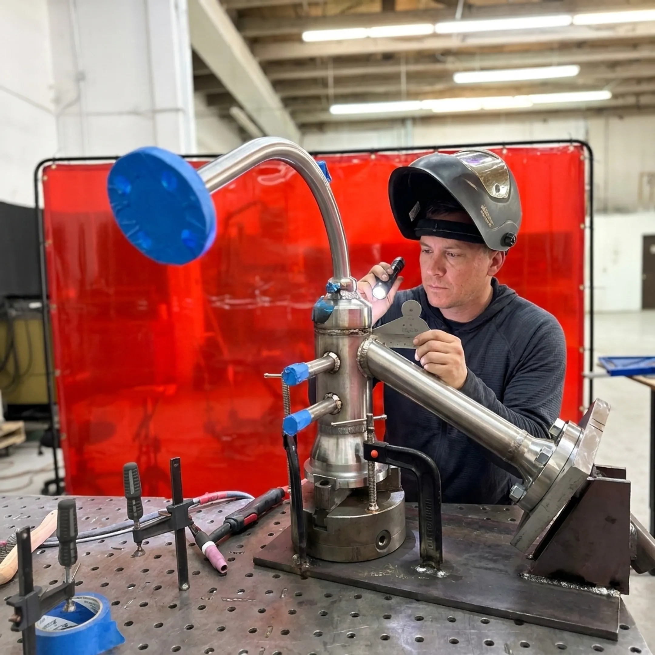 Welder inspecting a fabricated boiler blowdown tank