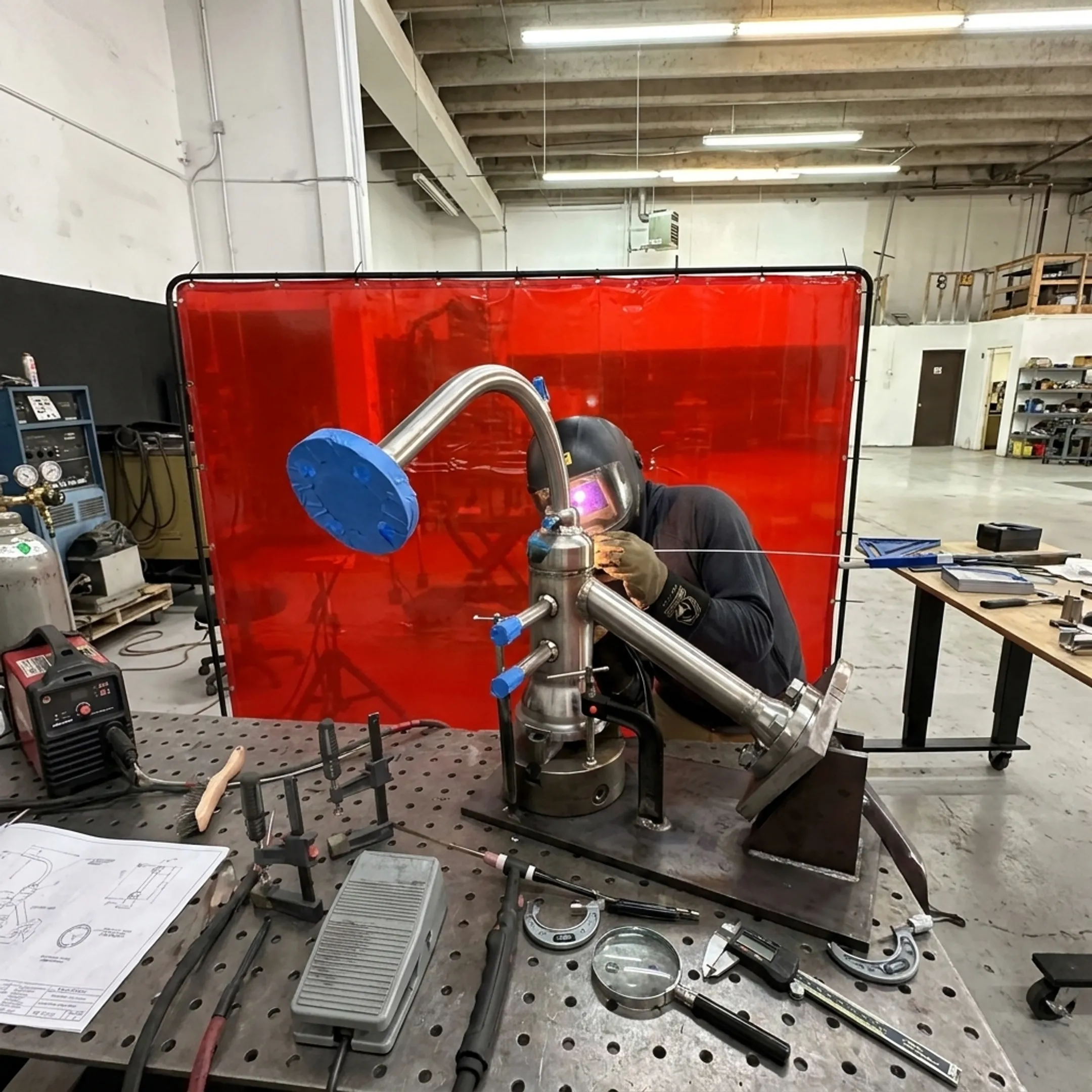 Custom welded pipe assembly prepared for inspection