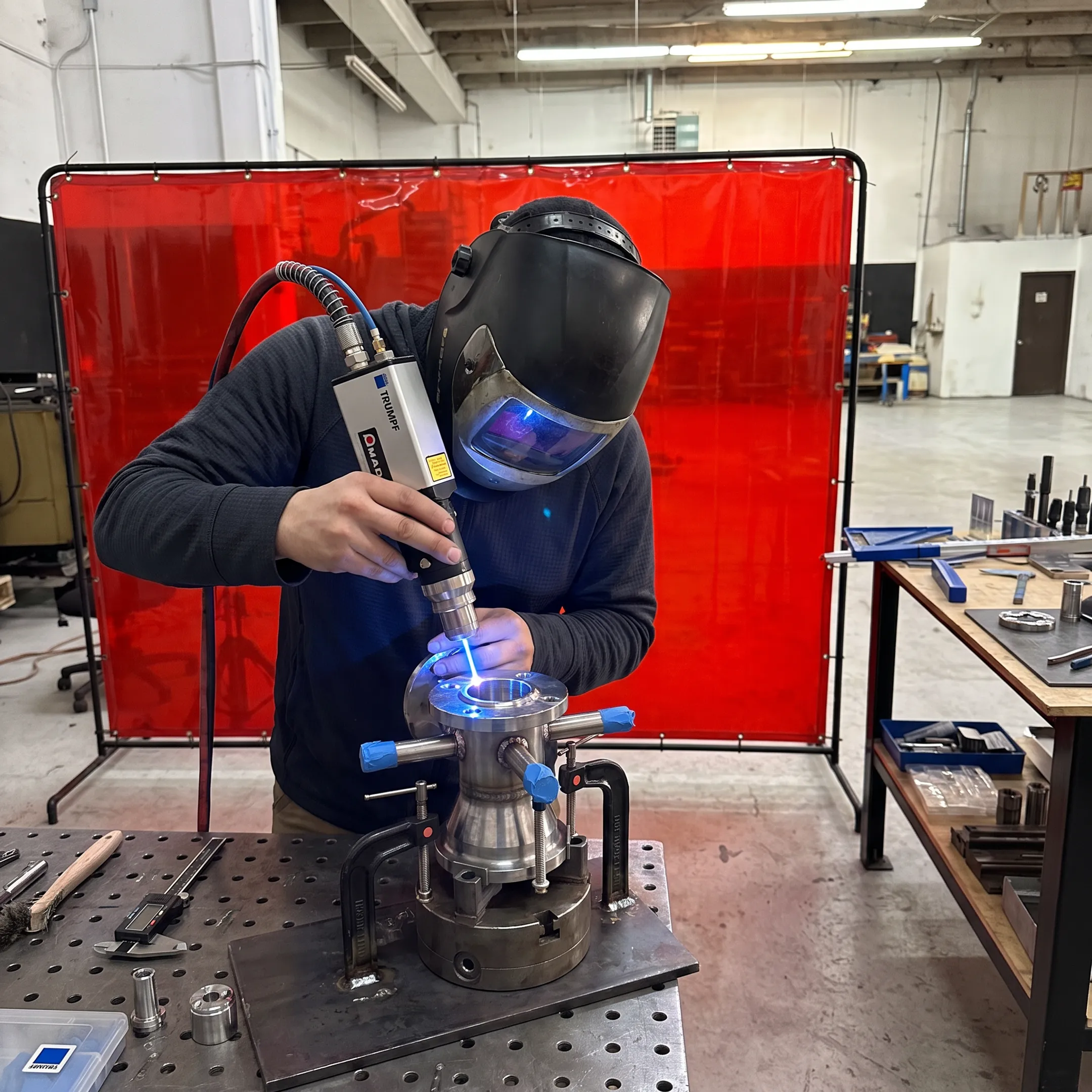 Technician performing precision laser welding on a metal component