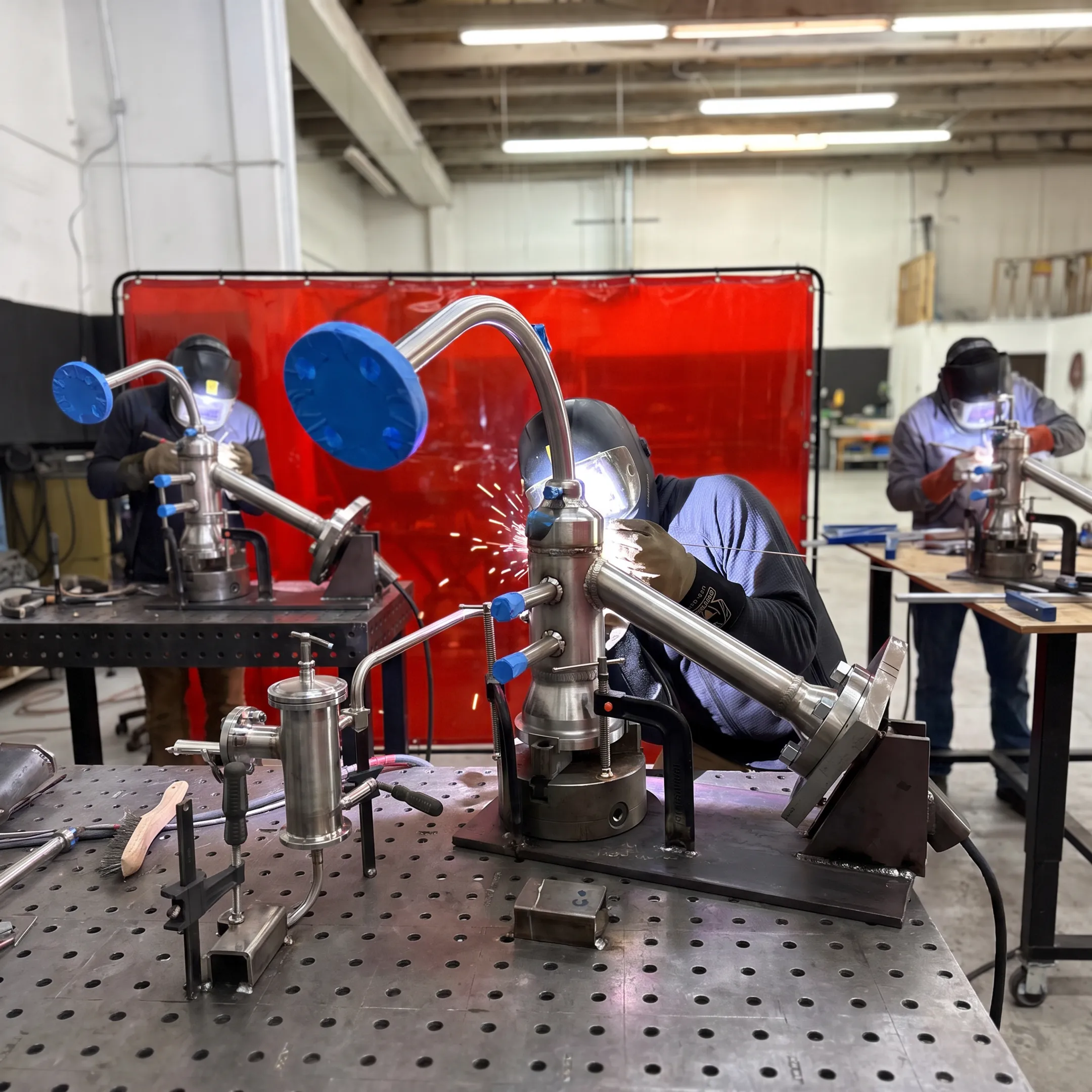 Technicians fabricating a chemical pilot plant assembly in a precision metalworking facility