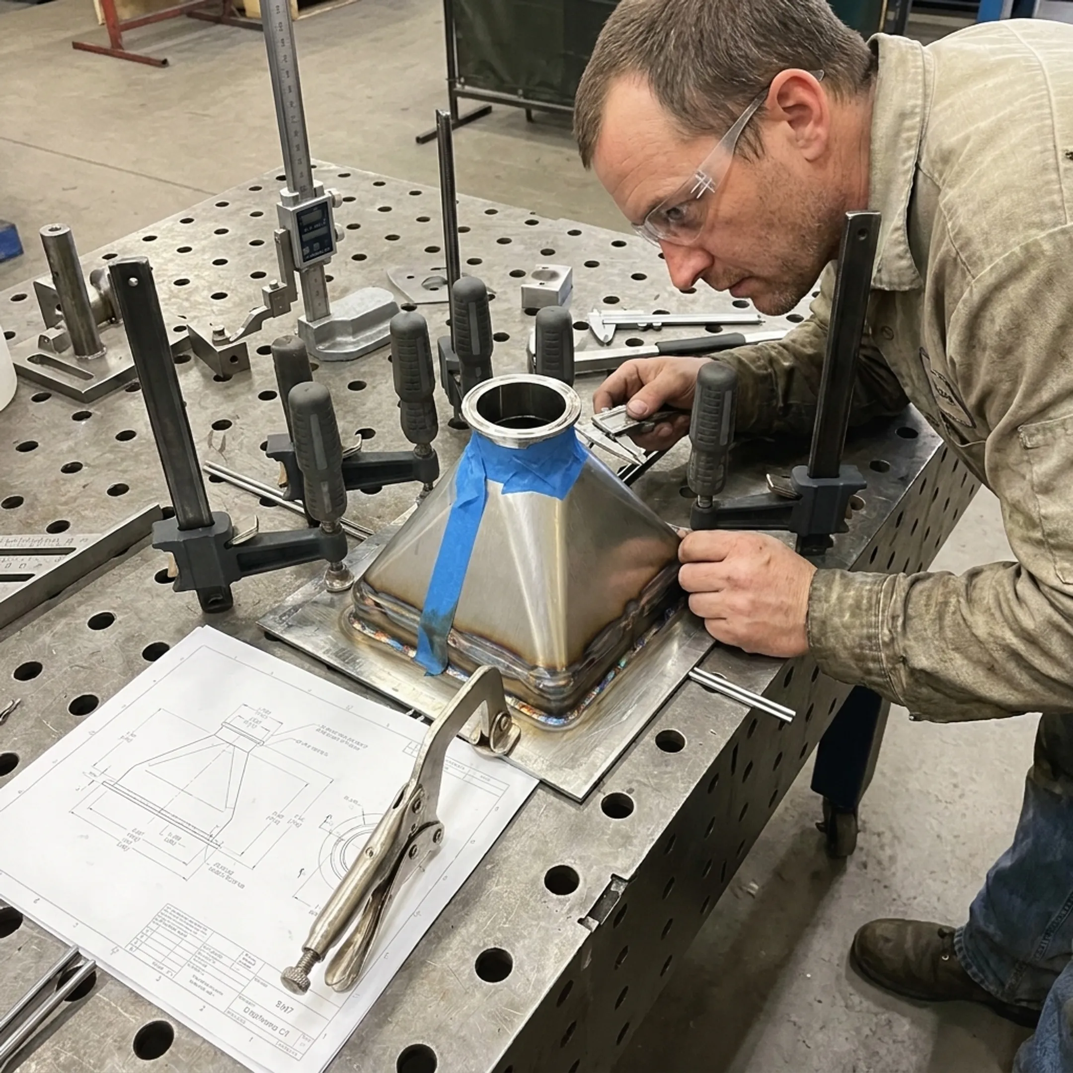 Fabricator inspecting a precision welded metal component