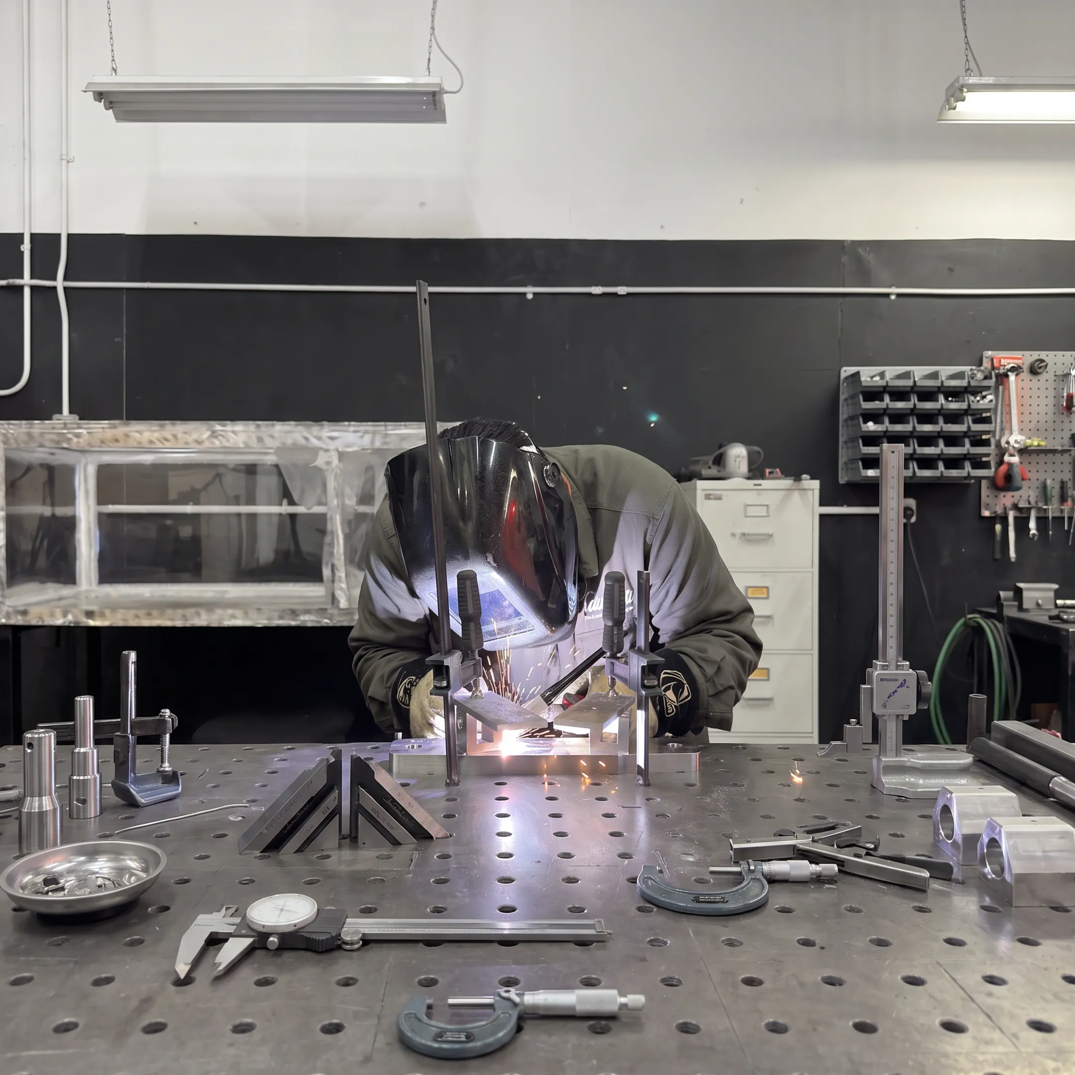 Technician performing precision sheet metal fabrication in a controlled metalworking shop