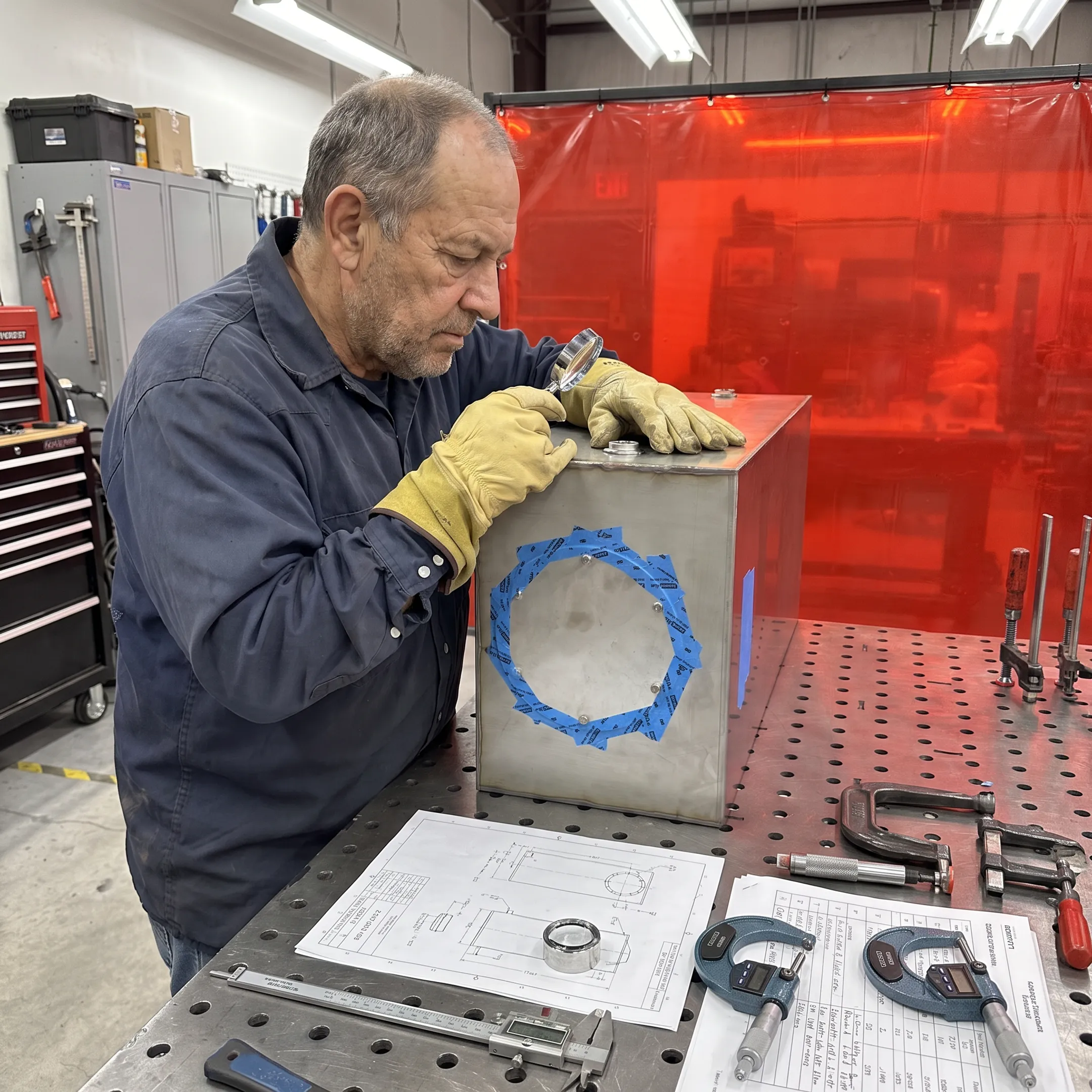 Fabricator inspecting a precision welded prototype beside technical drawings