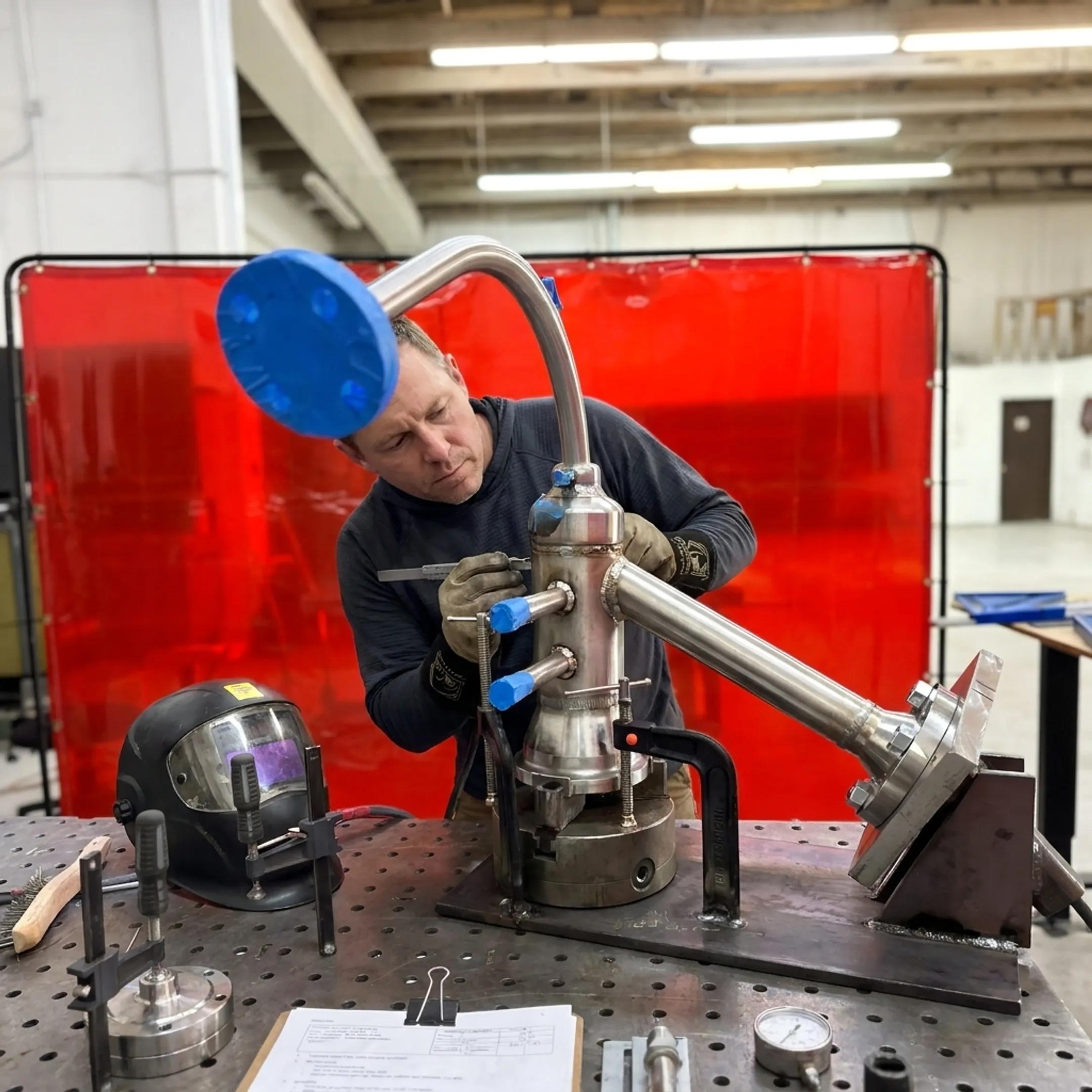 Technician inspecting a precision welded industrial piping assembly