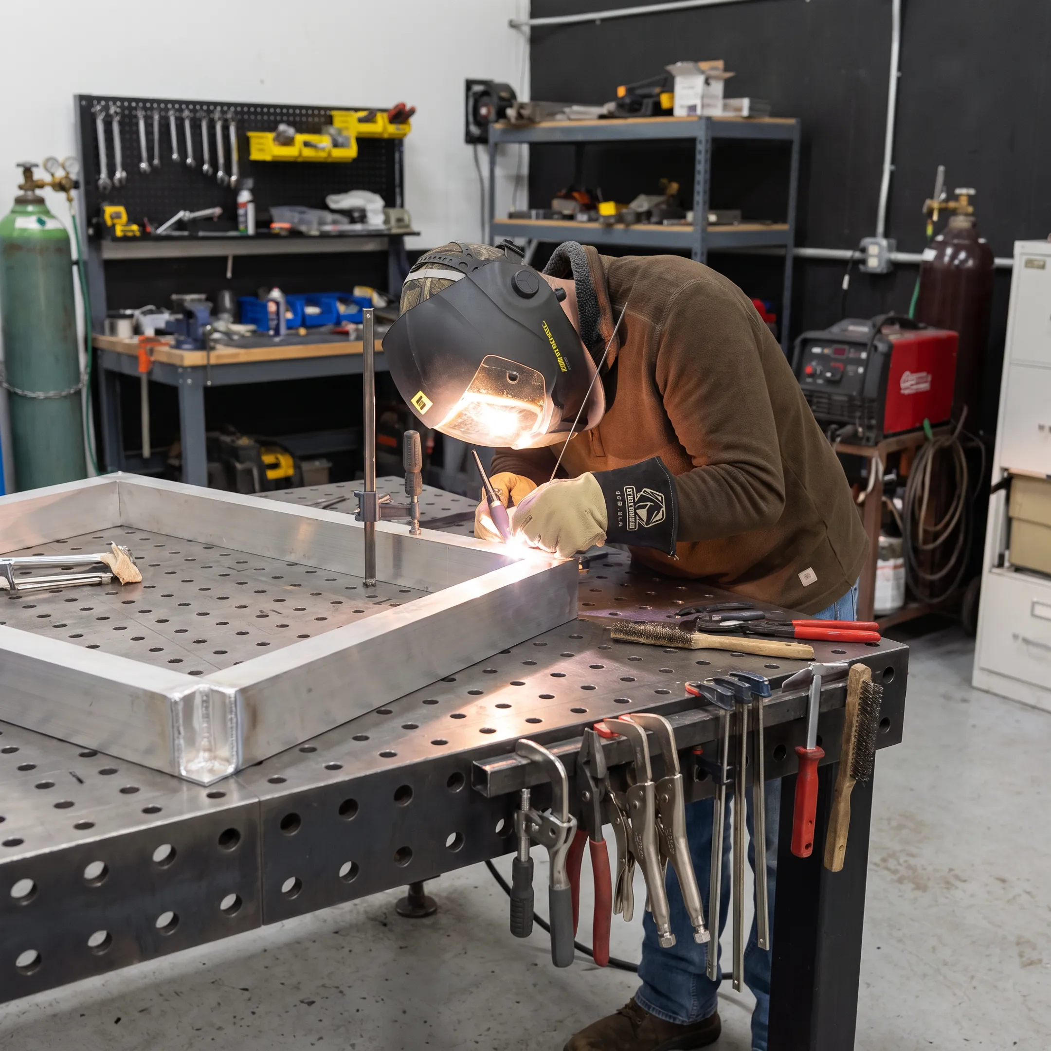 Technician TIG welding a custom aluminum assembly in a precision fabrication shop