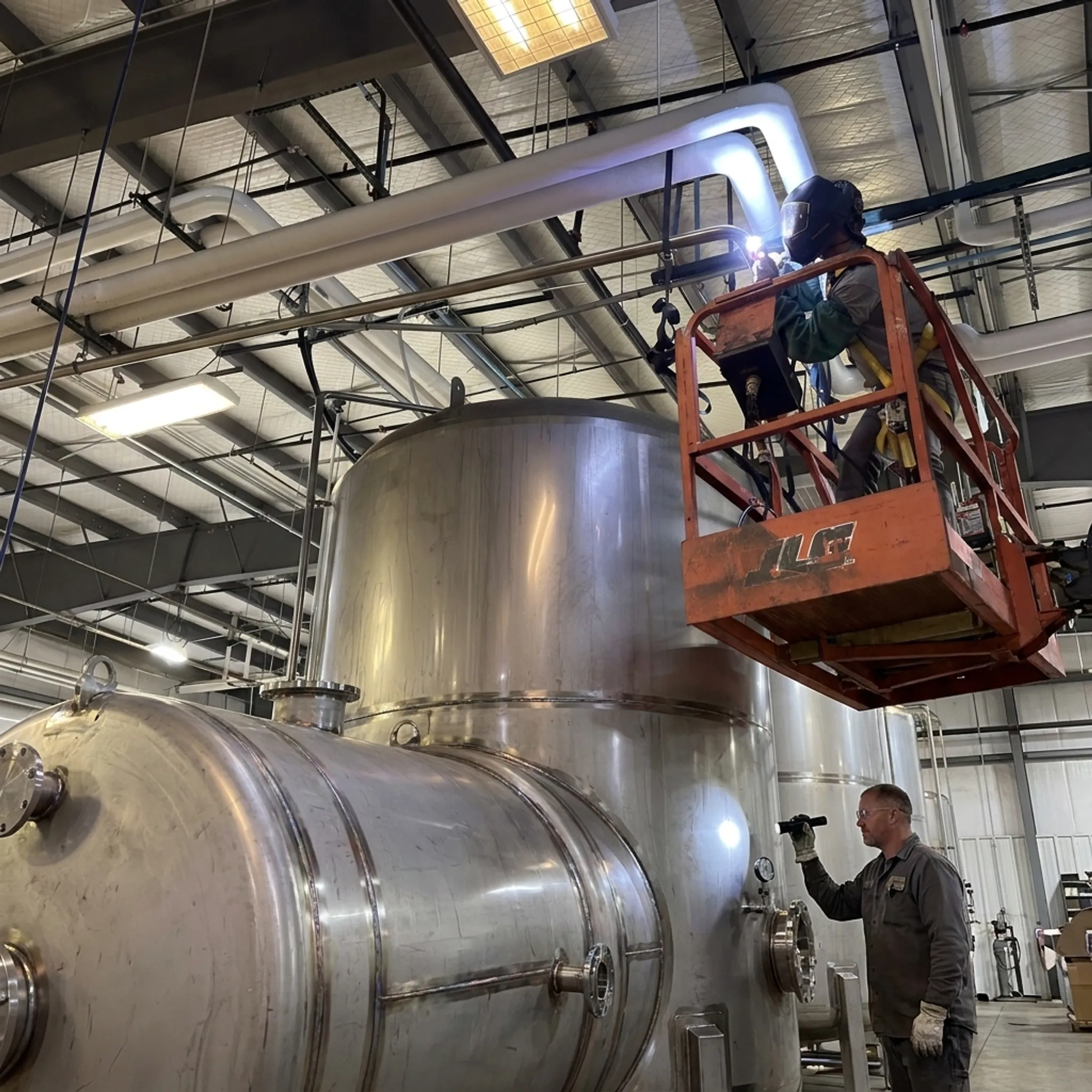 Stainless steel chemical storage tank under fabrication
