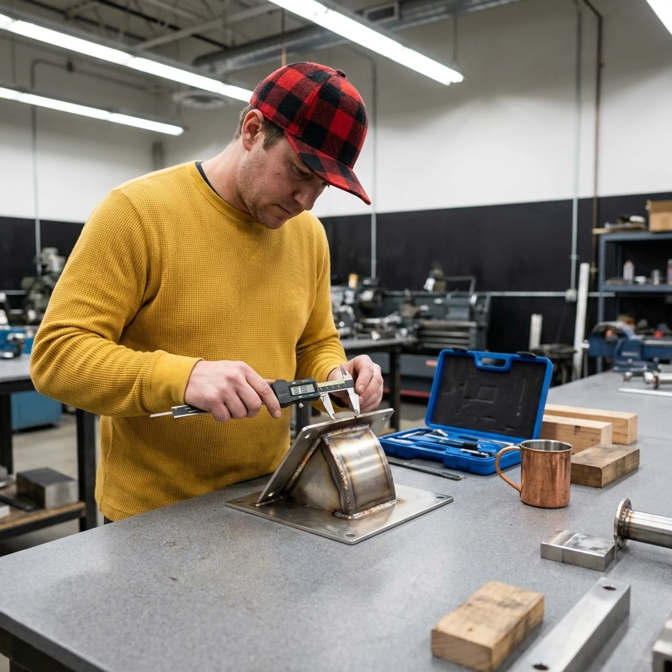 Technician inspecting a precision welded steel component