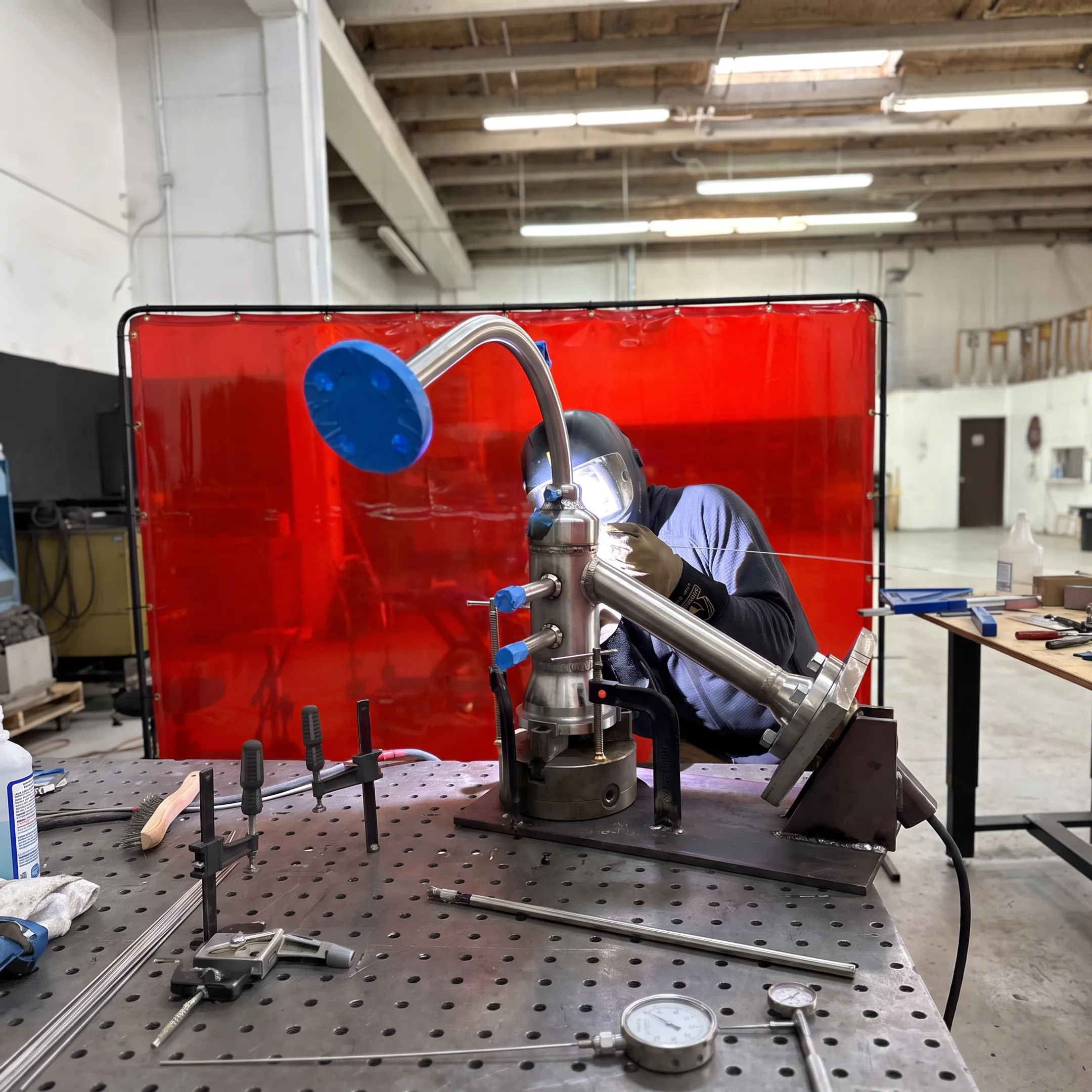 Welder fabricating a precision steel assembly in a controlled metalworking shop