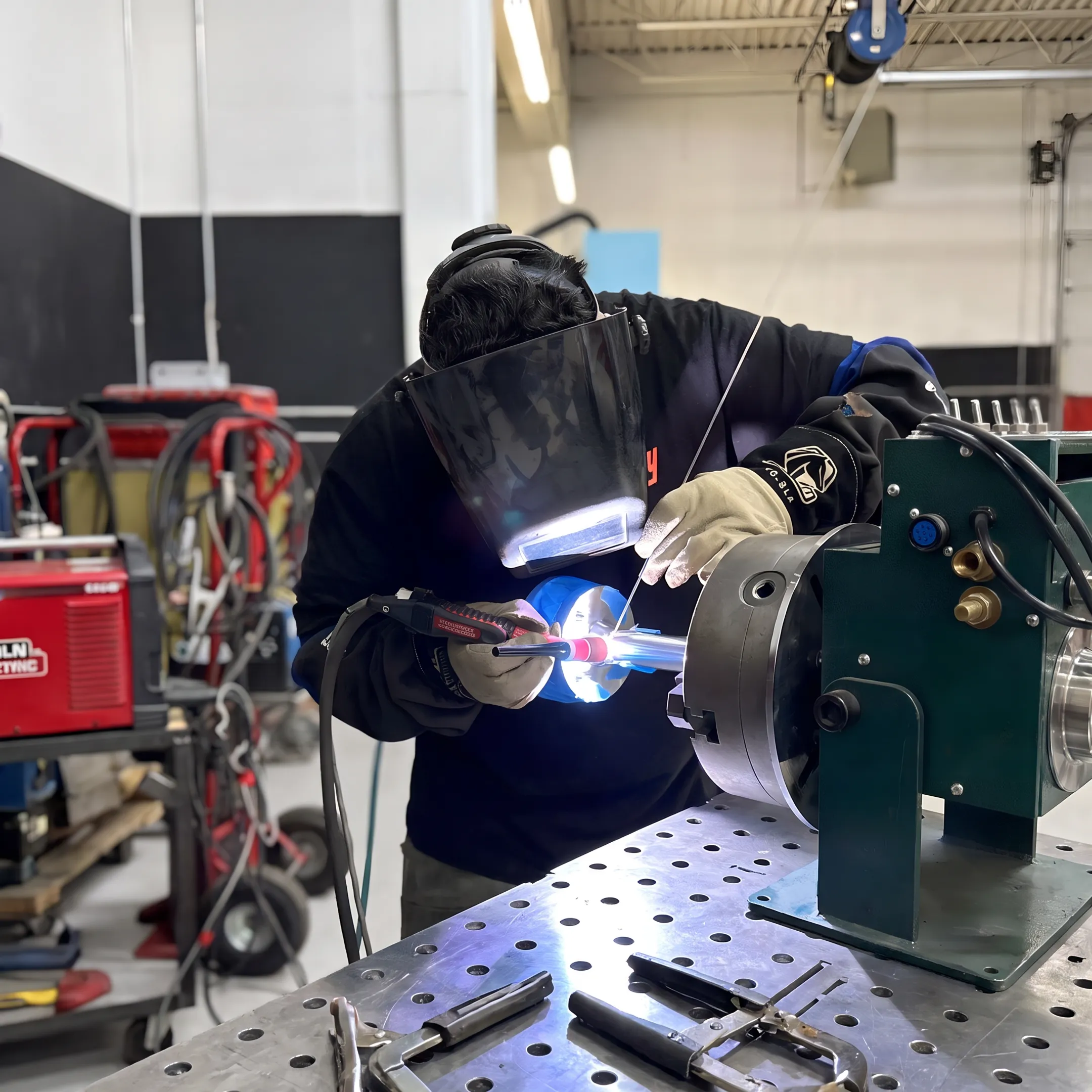 Stainless steel scrubber assembly being precision welded in a fabrication shop