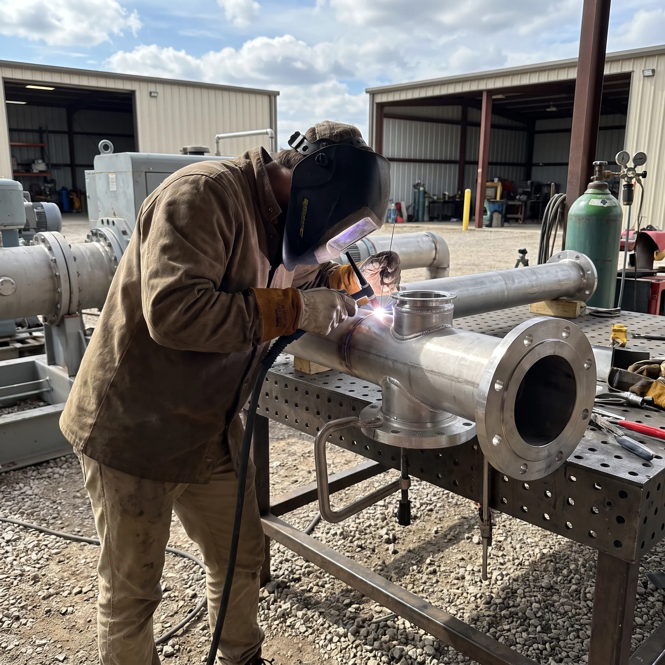 Welder performing precision field welding on industrial equipment