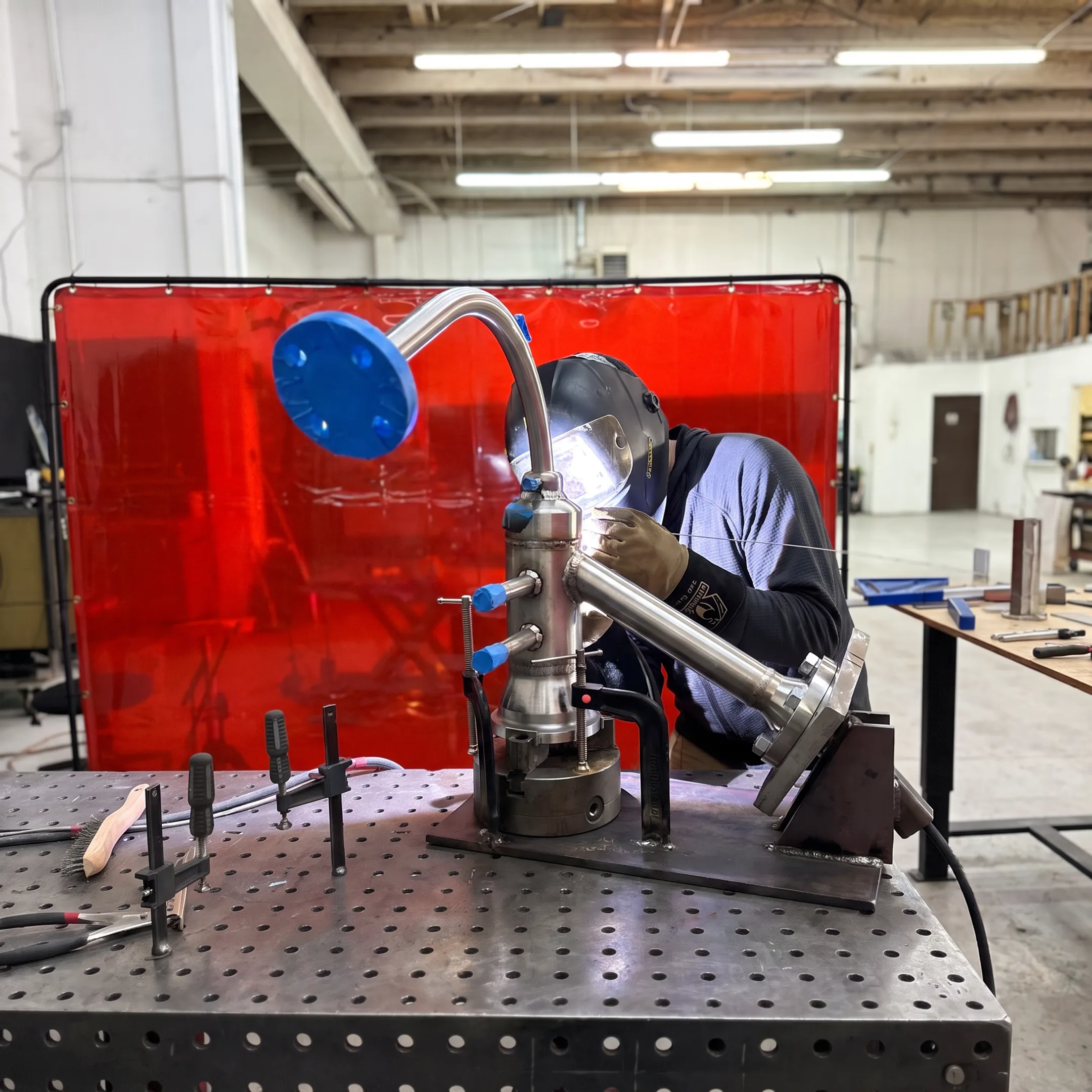 Precision welder fabricating an industrial metal assembly