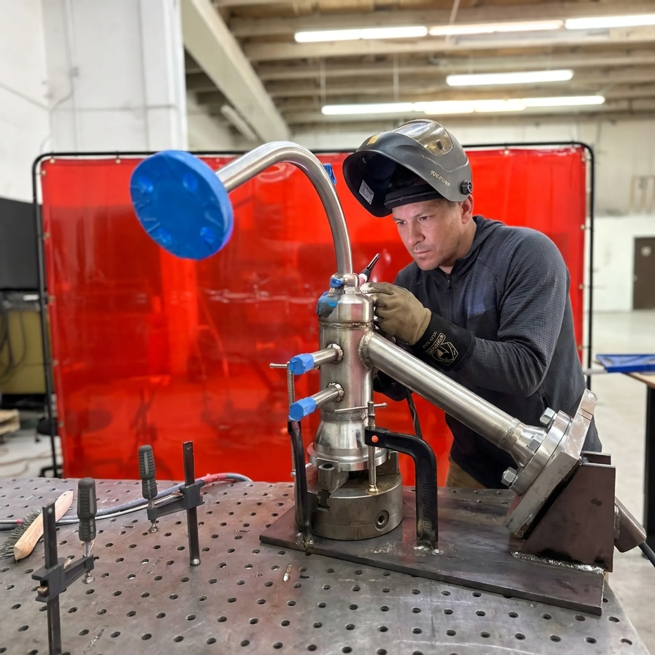 Technician inspecting a custom welded assembly