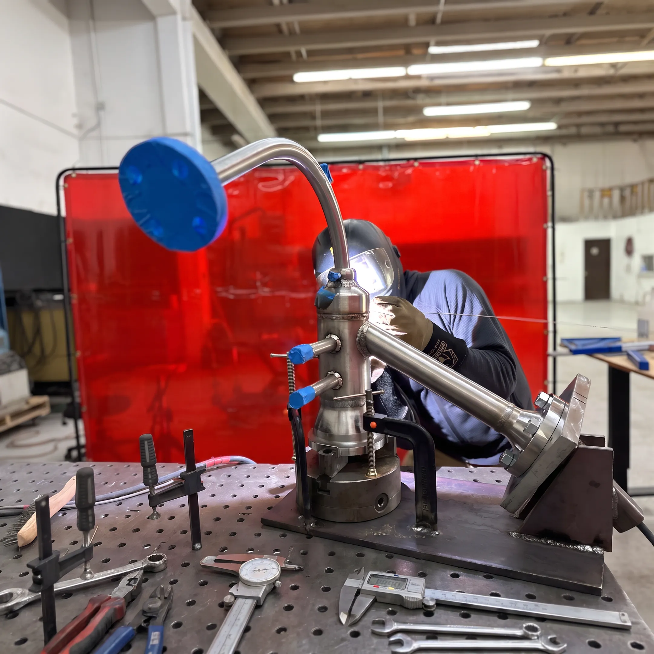 Technician welding a precision metal assembly in a fabrication shop