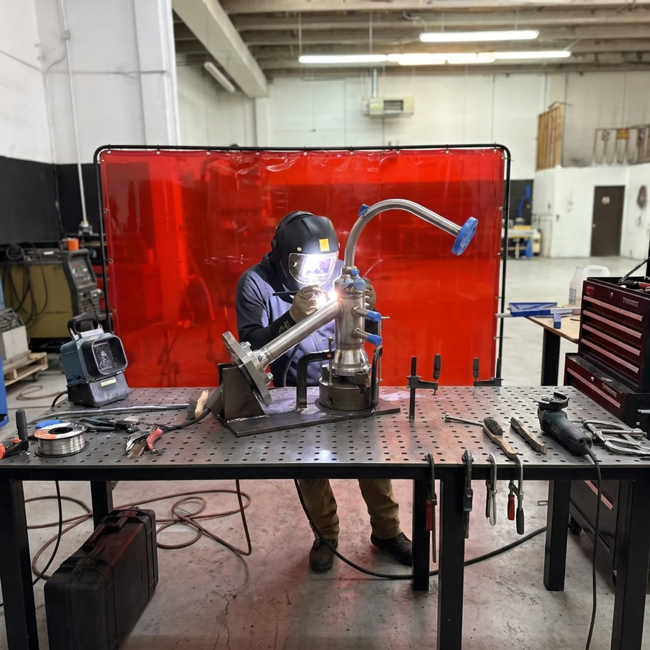 Mobile welder working on a technical industrial assembly at a Colorado facility