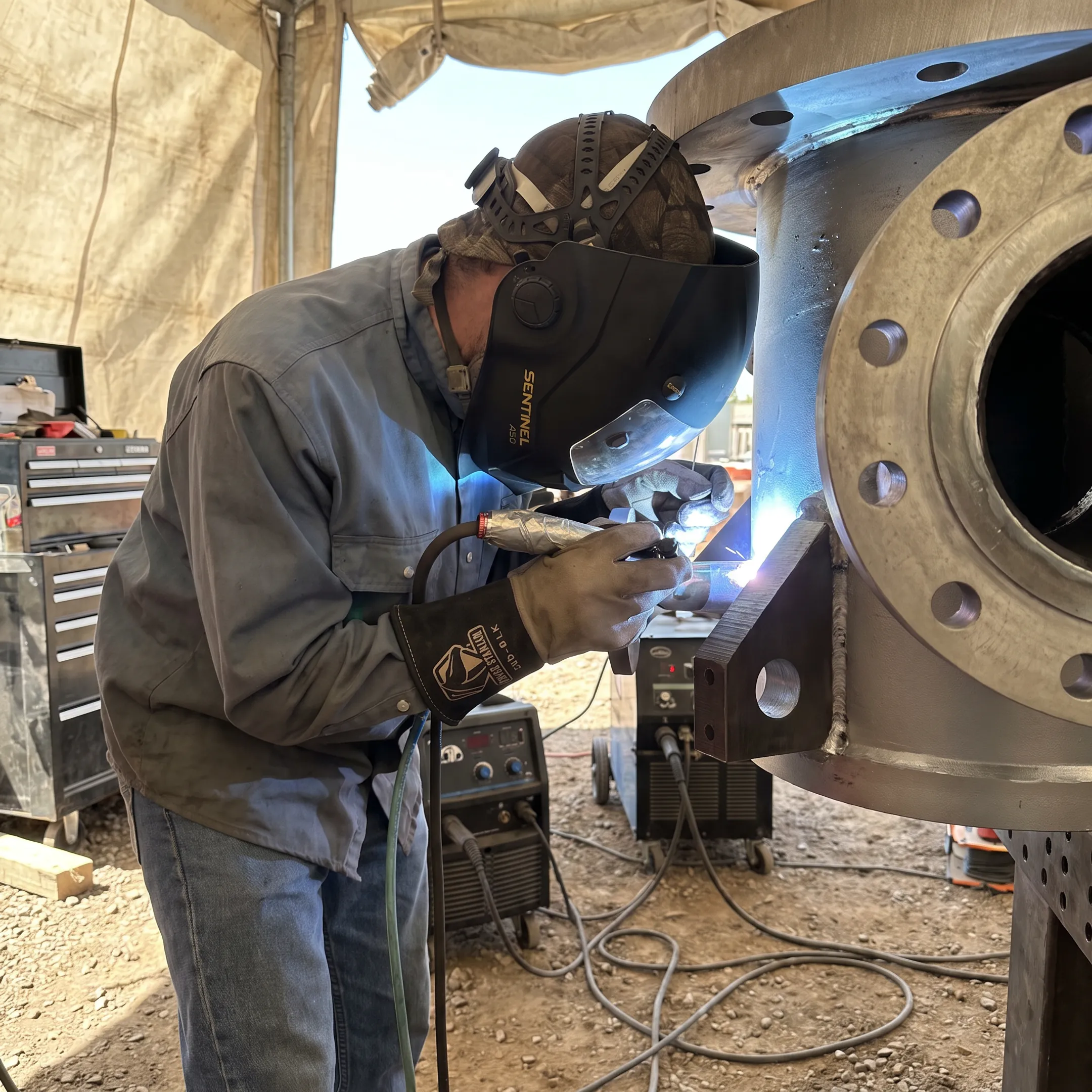 Welder performing mobile field welding on industrial stainless steel equipment