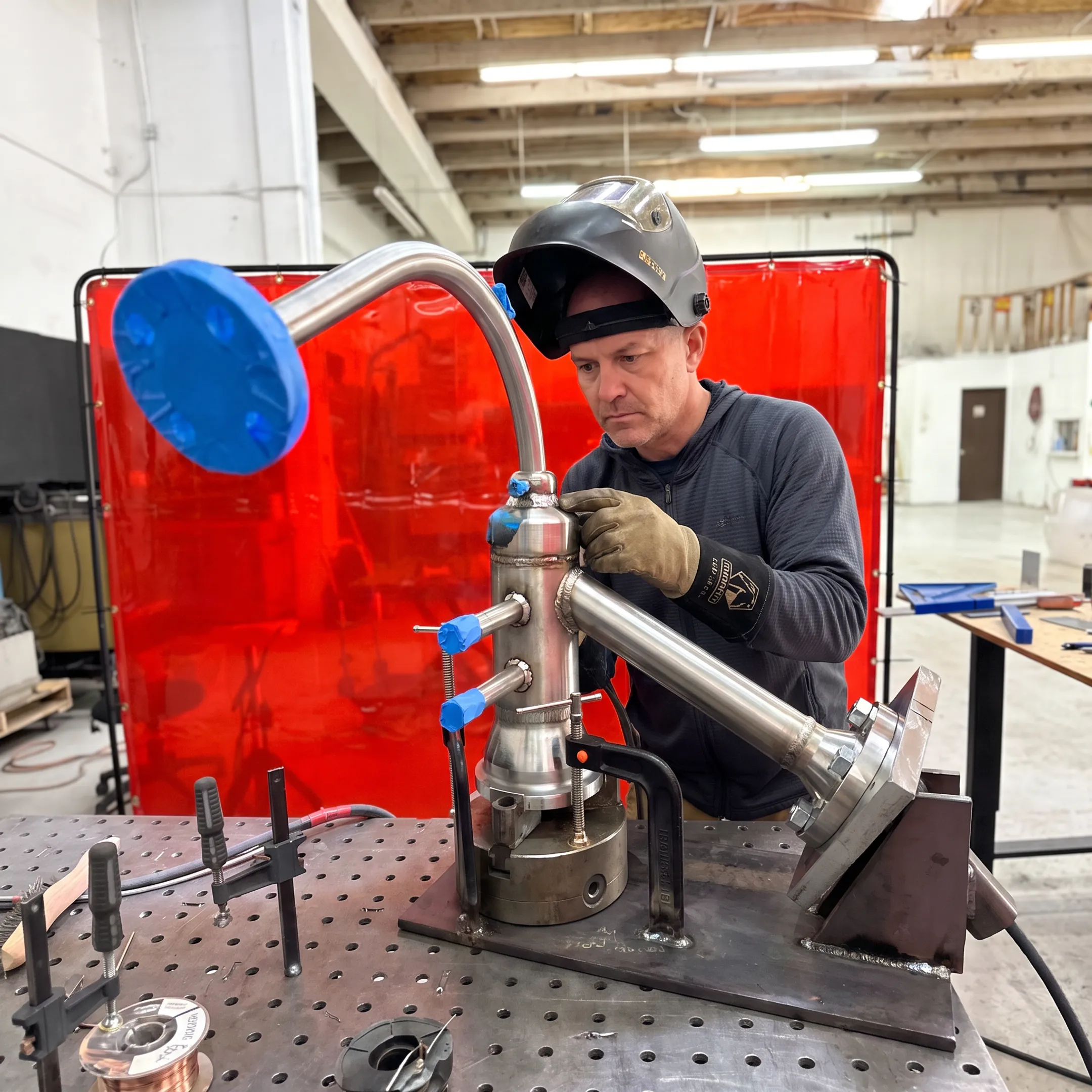 Technician inspecting a custom welded vacuum chamber assembly