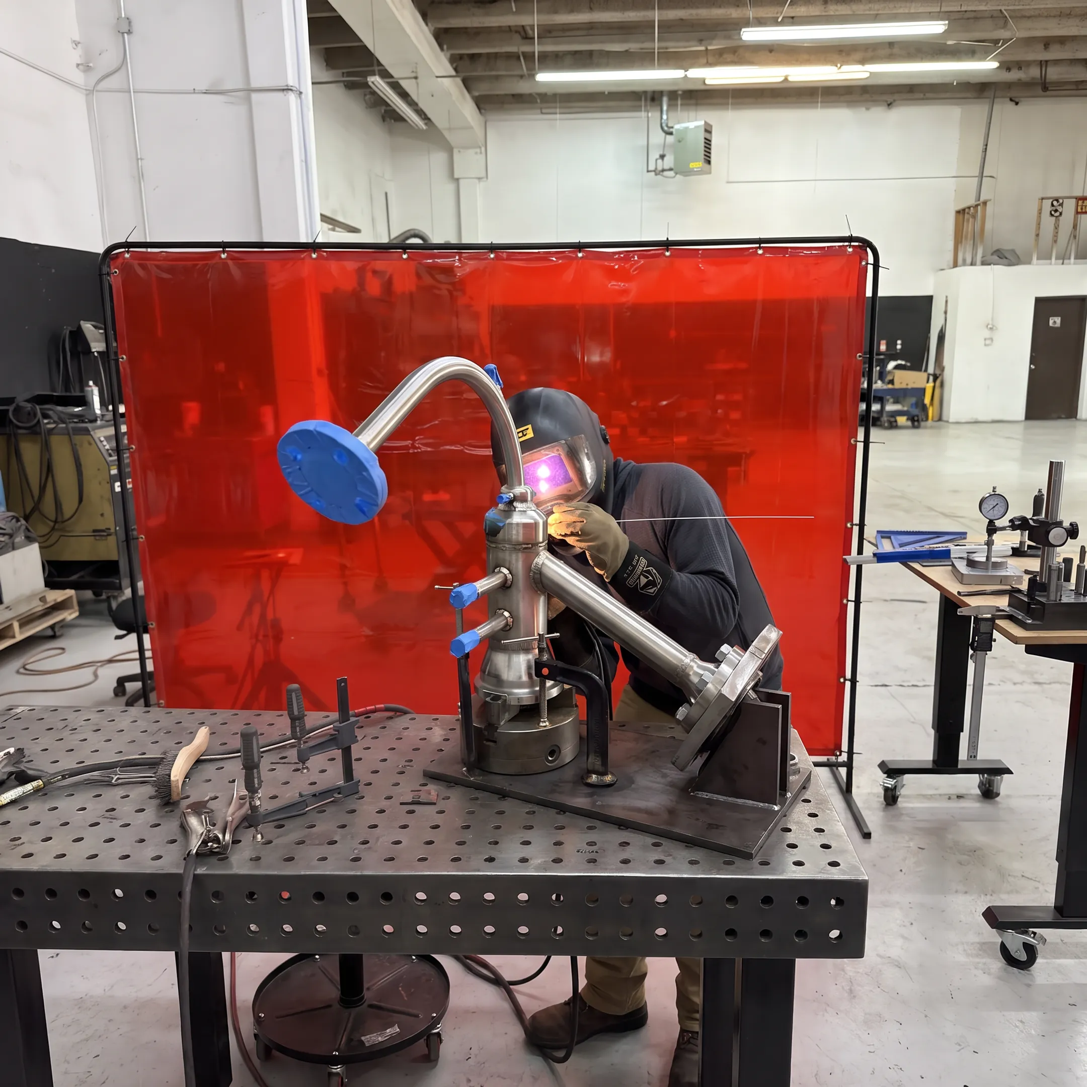 Welder fabricating an exotic alloy assembly in a precision workshop