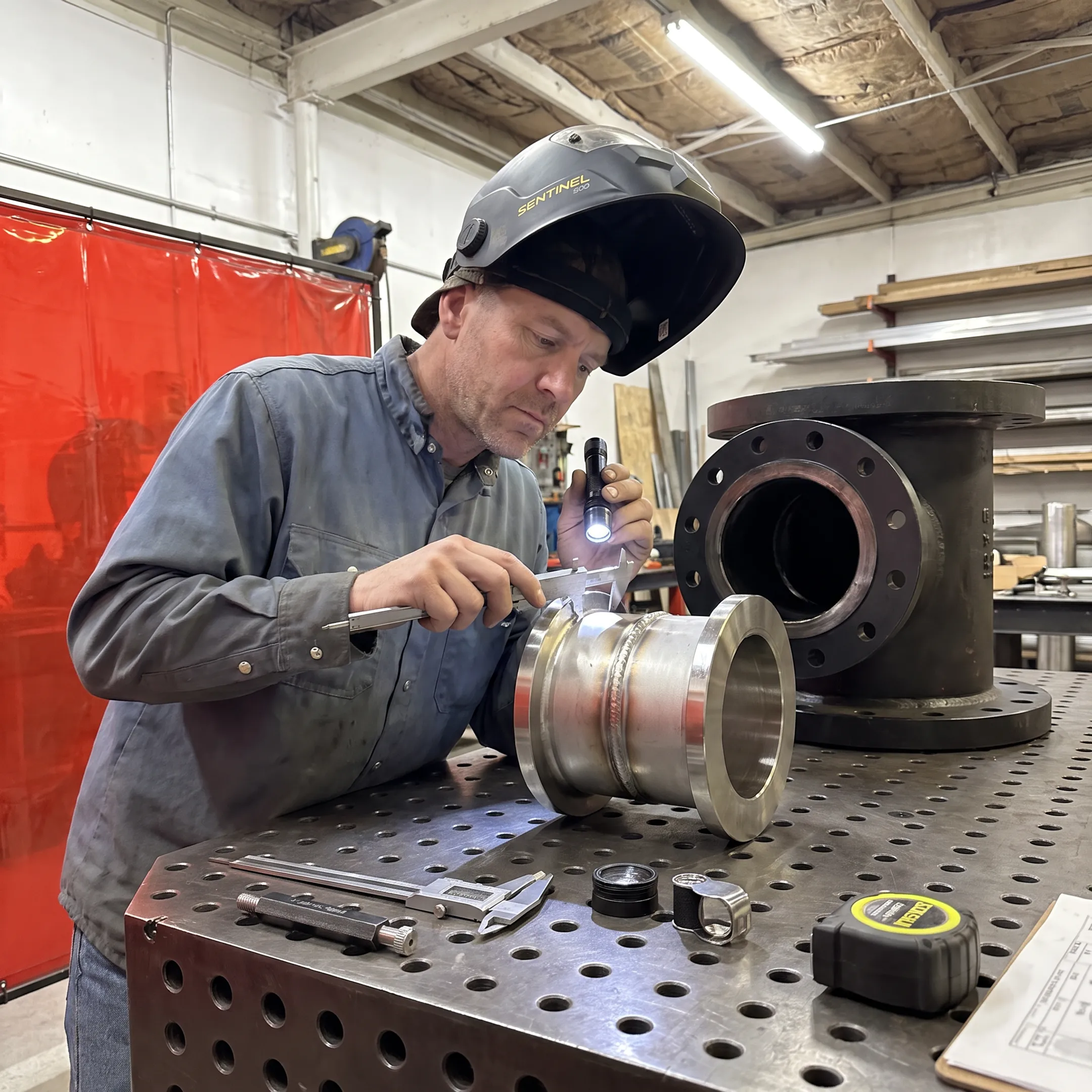 Technician inspecting a custom stainless steel welded component