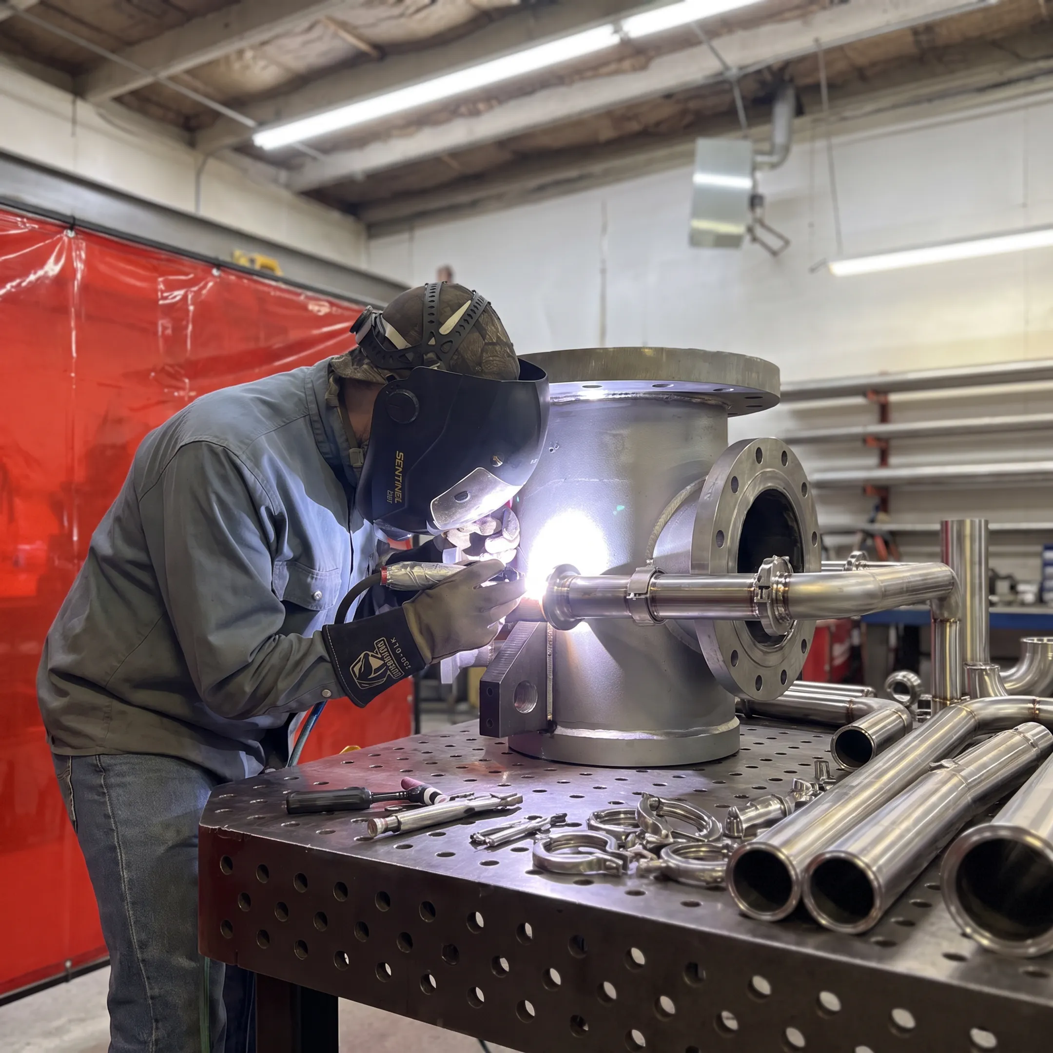 Custom stainless steel piping system being precision welded in a fabrication shop