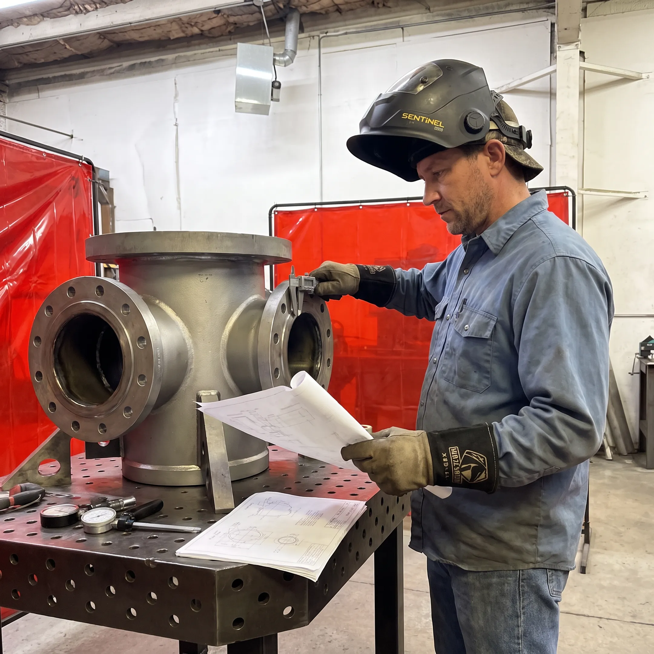 Fabricator inspecting a welded turbine assembly