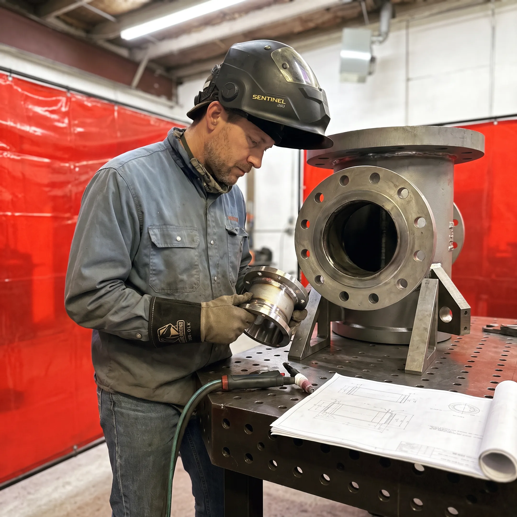 Technician inspecting a precision welded alloy component