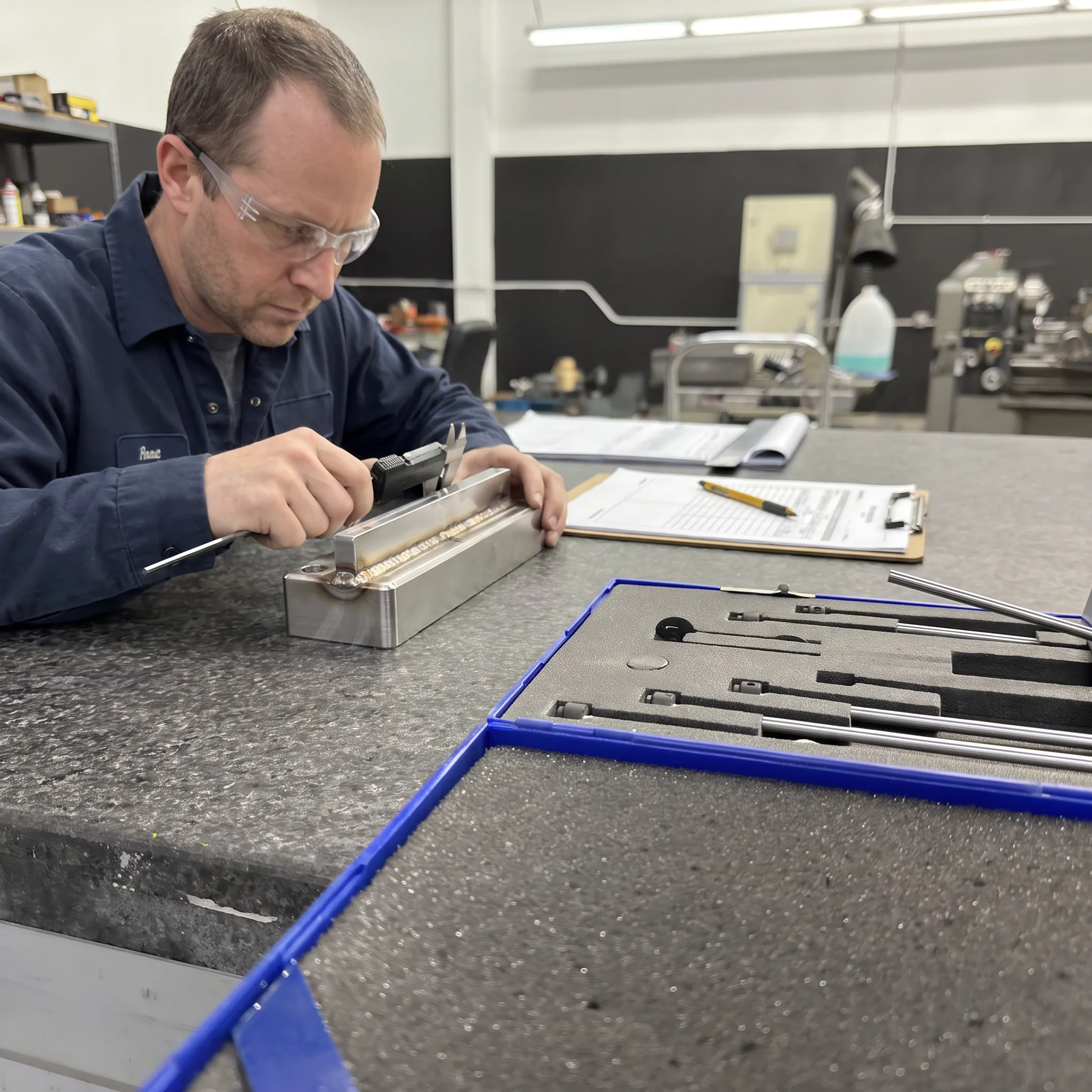 Welder inspecting a precision stainless steel fabrication