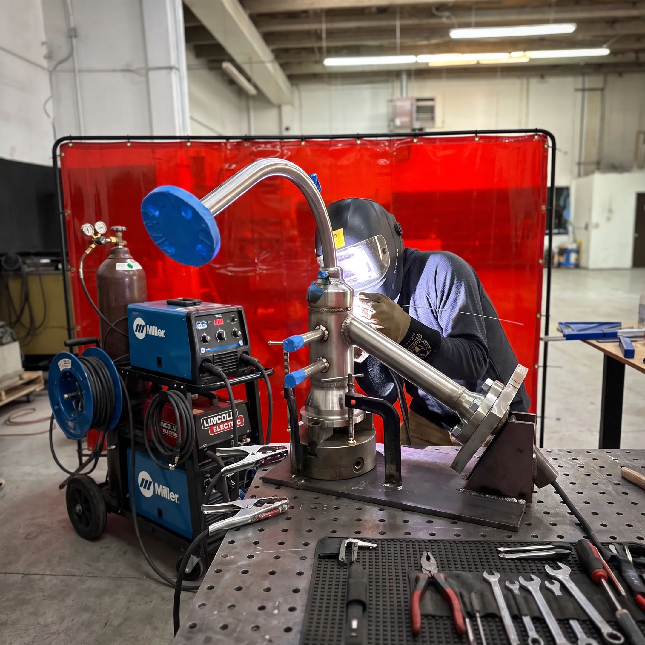 Welder performing mobile repair on industrial stainless steel equipment