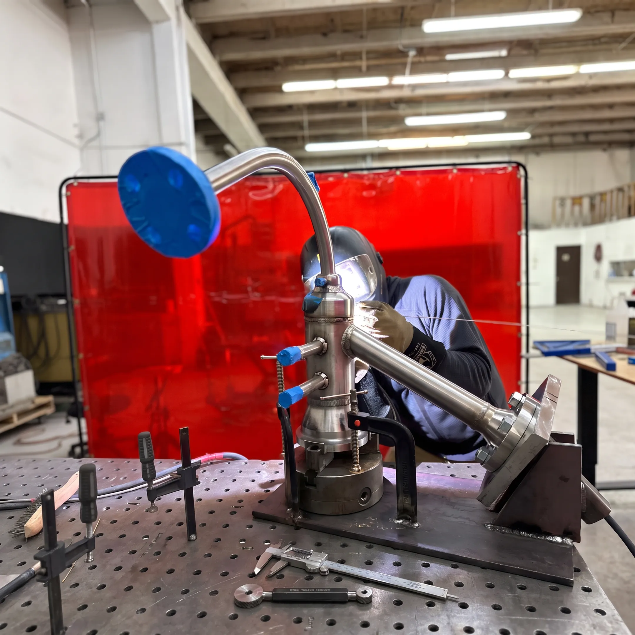 Technician completing a mobile TIG weld on specialty alloy equipment