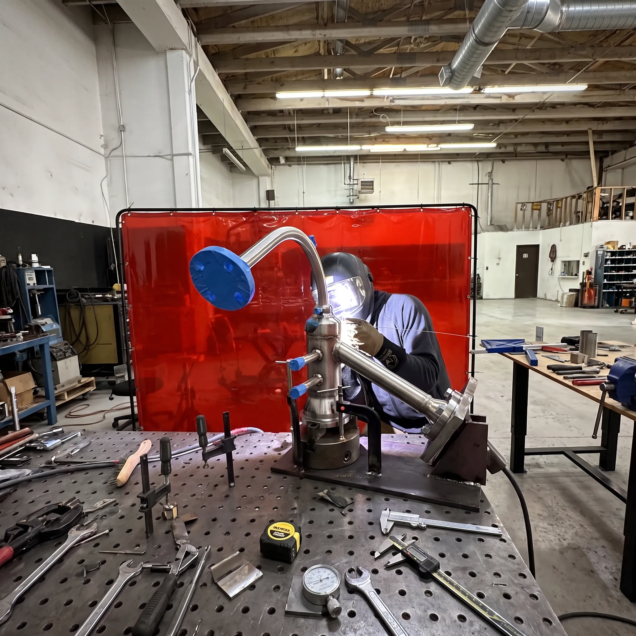 Welder performing precision custom metal fabrication in a controlled workshop