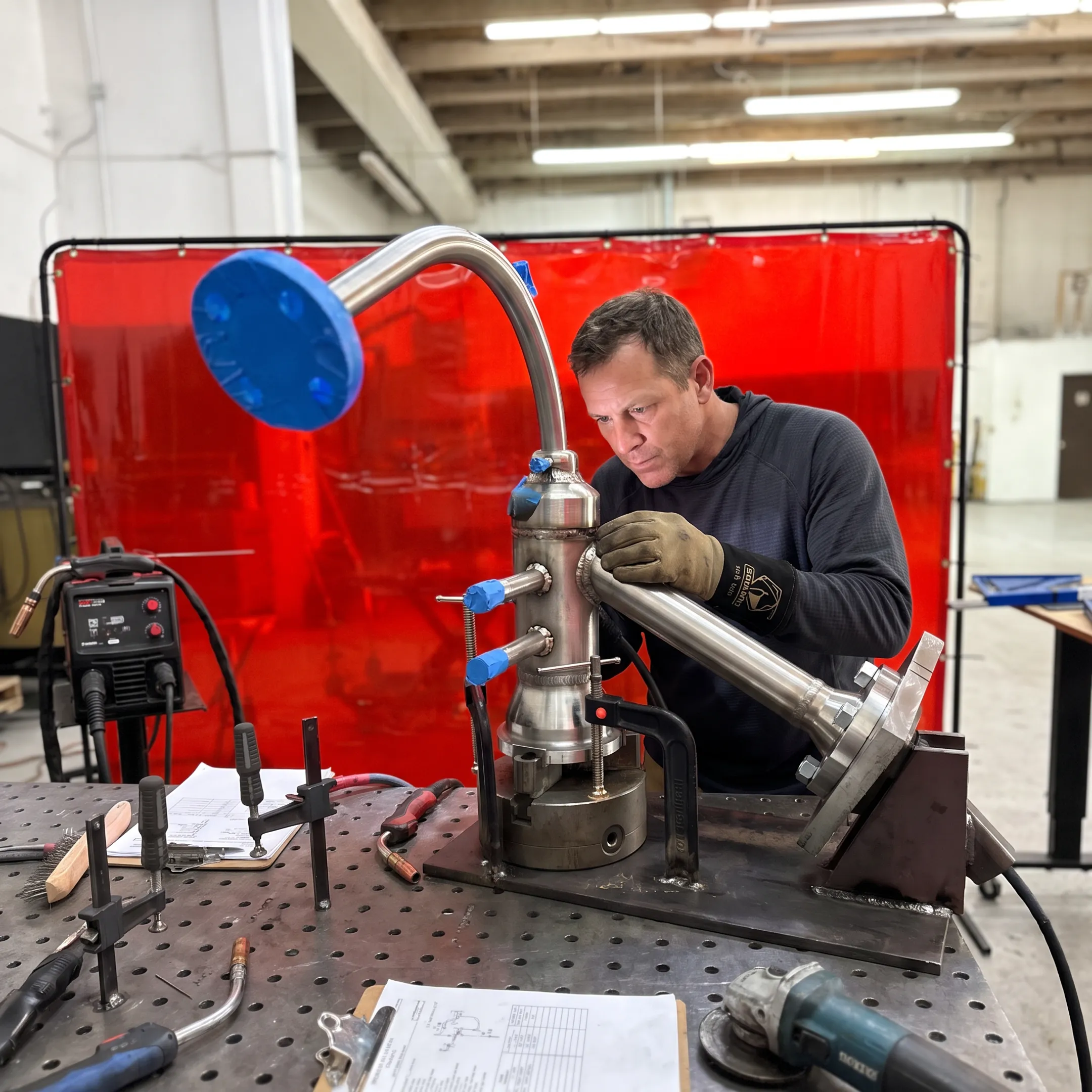 Technician inspecting a precision welded metal assembly