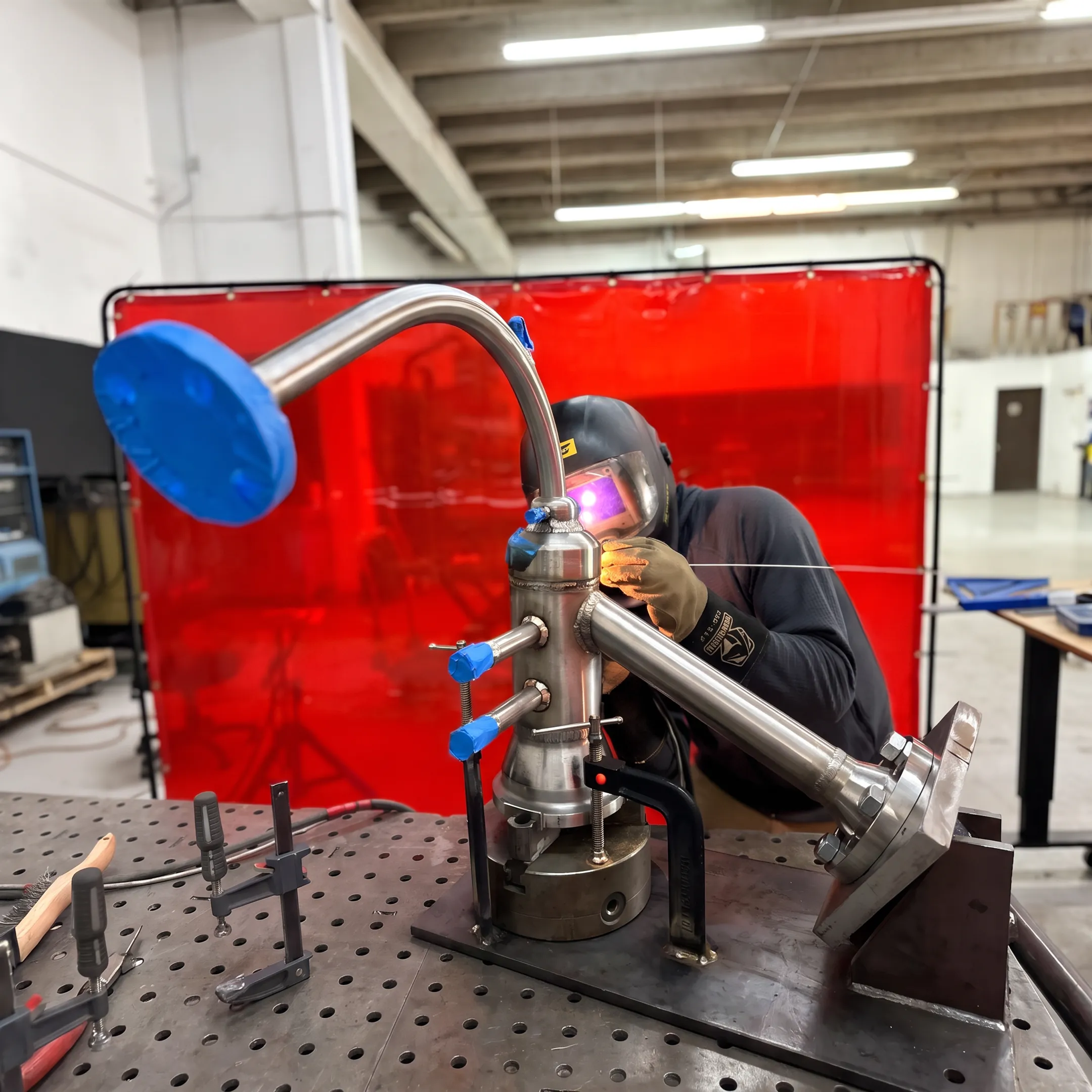 Welder using specialized equipment on an exotic alloy assembly
