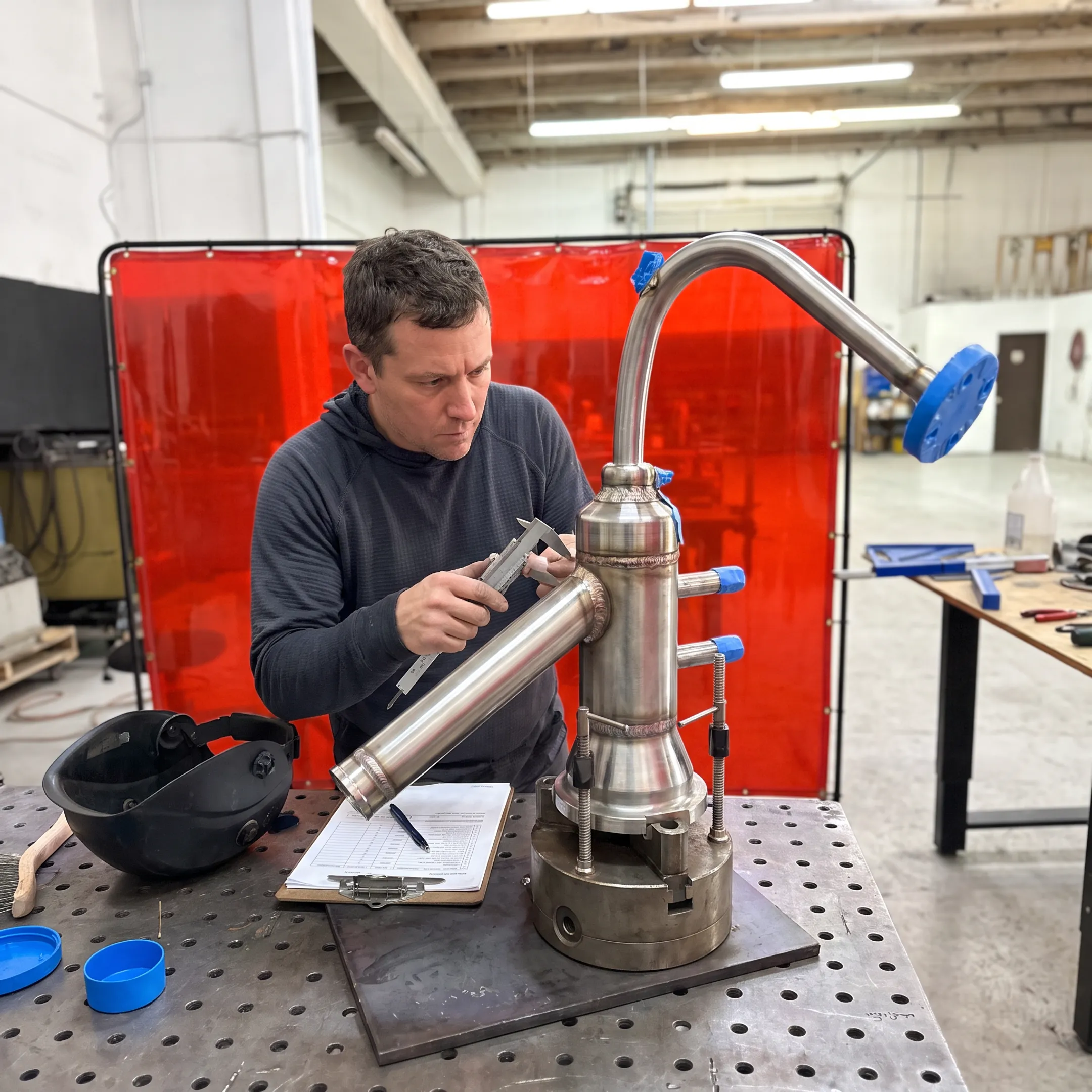 Technician inspecting a welded industrial piping assembly