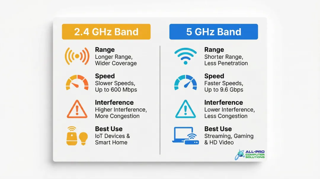 2.4 GHz versus 5 GHz Wi-Fi band comparison chart with key differences