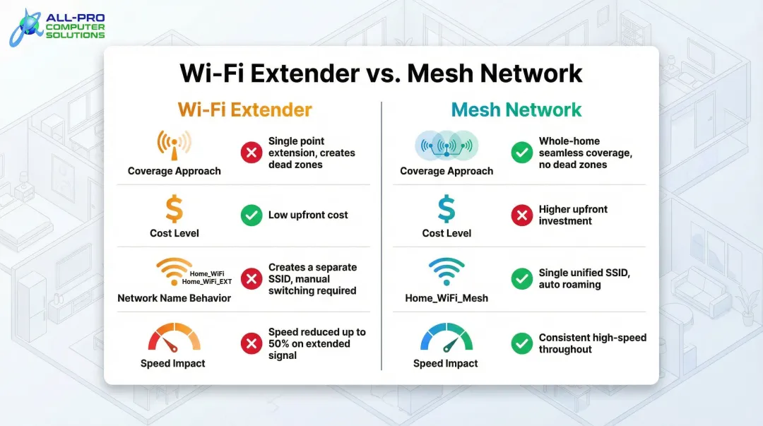 Wi-Fi extender versus mesh network system comparison infographic for home coverage