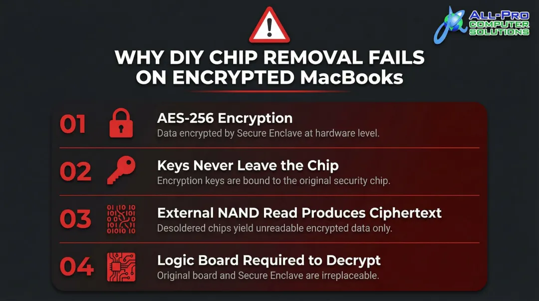 Why DIY chip removal fails on encrypted T2 M1 M2 MacBook SSD data recovery