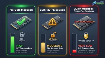 MacBook SSD architecture comparison across generations showing DIY recovery viability