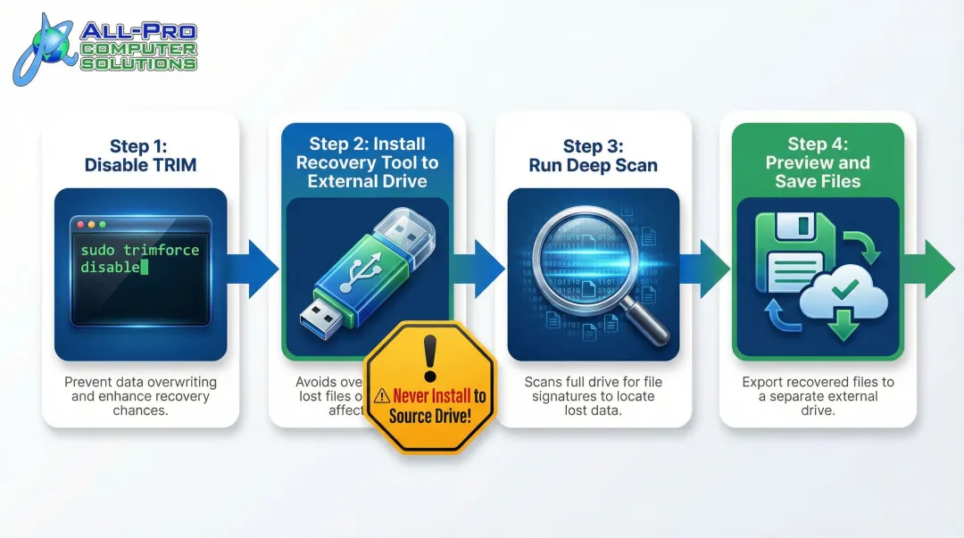 MacBook SSD data recovery software process from TRIM disable to file restoration steps