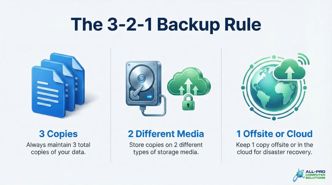 3-2-1 backup rule diagram showing three copies two media types one offsite