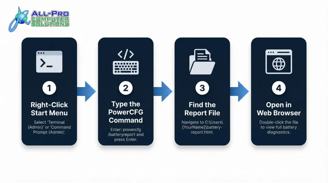 4-step Windows powercfg battery report generation process flow diagram