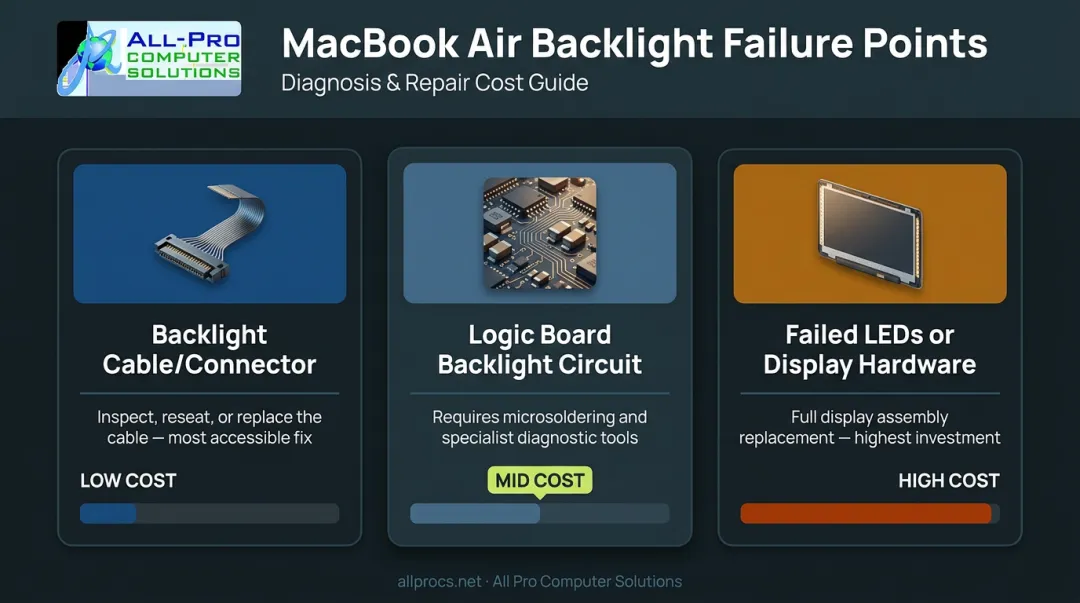 Three MacBook Air backlight failure types with repair cost and complexity comparison