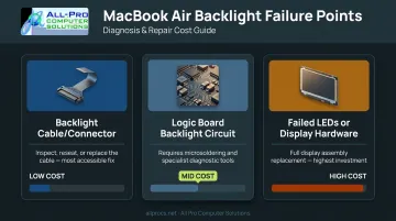 Three MacBook Air backlight failure types with repair cost and complexity comparison