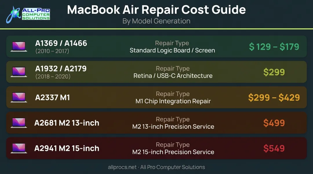 MacBook Air backlight repair cost comparison by model generation and repair type