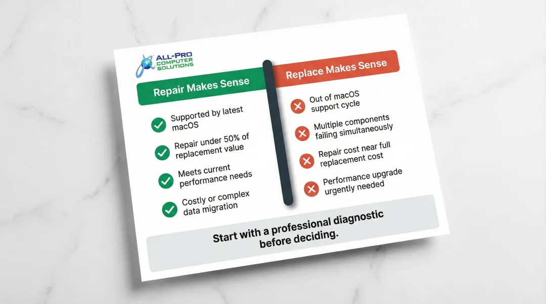 iMac repair versus replace decision framework two-column comparison infographic