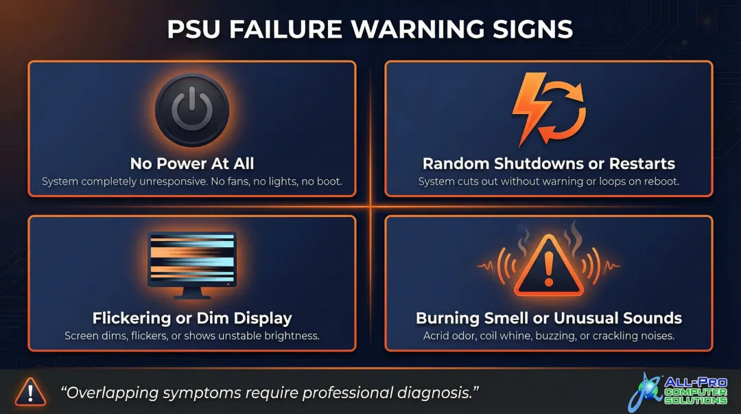 Four iMac power supply failure symptoms identification guide infographic