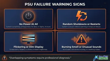 Four iMac power supply failure symptoms identification guide infographic