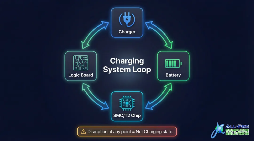 MacBook four-way charging communication loop diagram between charger battery SMC and logic board