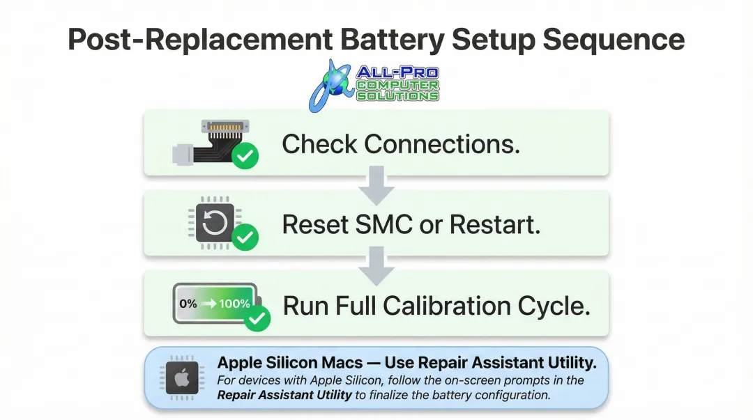 Three-step MacBook battery post-installation checklist from connection check to calibration cycle