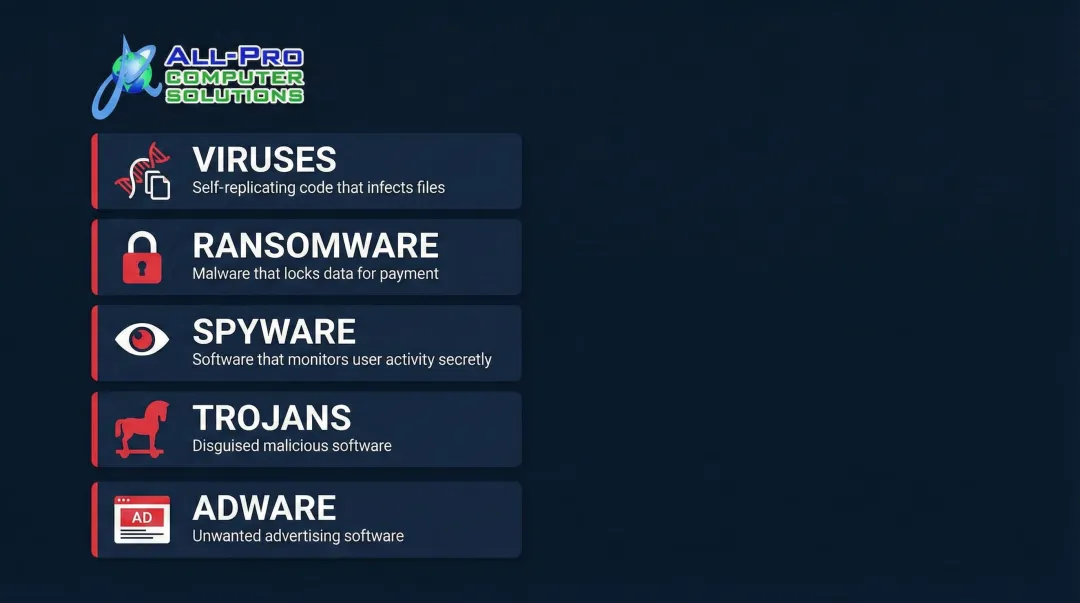 Five major malware types definitions and threat descriptions visual guide